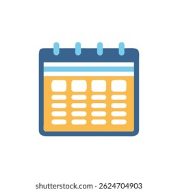 Um ícone de calendário de vetor plano. Design limpo com azul e amarelo no fundo branco. Ótimo para negócios e organização pessoal.