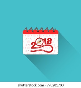 Flat vector calendar icon for Happy New Year with red stripe on the top with long shadow on the turquoise background.