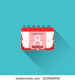 Flat vector calendar icon for International Women's Day with red stripe on the top, floral pattern, number, long shadow on the turquoise background.