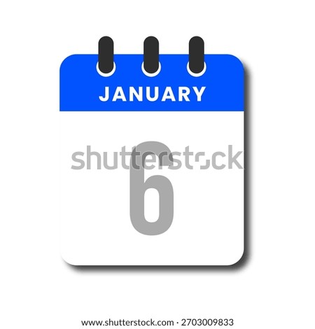 Flat vector calendar icon for January 6 with blue header, modern minimalist design for UI use.