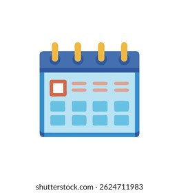 Flat vector calendar isolated on White Background. The design is simple with blue, orange and yellow color scheme.