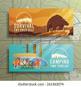 Flat vector camping  banners on the subject of wilderness survival, camping, travel, etc.. Quality design illustrations, elements and concept. Flat design.