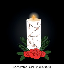 Flat vector of candle,Vector landscape with candle and flower,flame of candle,
Burning wax or paraffin aromatic candles for aroma therapy isolated on light background,
liday decorative design element,