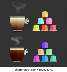 Flat vector cappuccino, espresso cups and capsules. Multicolored coffee pods for coffee machine. Espresso, cappuccino cup, pods. Trendy colorful capsules with different flavours, hot espresso.