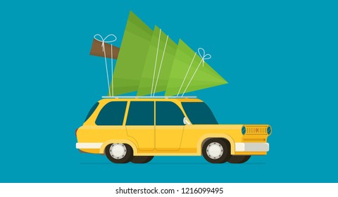 Flat vector car driven by the Christmas tree.