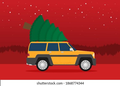 Flat vector car driven by the Christmas tree.