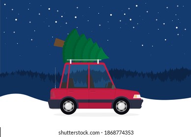Flat vector car driven by the Christmas tree.
