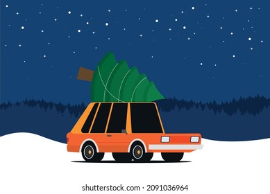 Flat vector car driven by the Christmas tree.