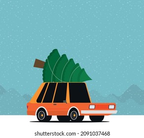 Flat vector car driven by the Christmas tree.