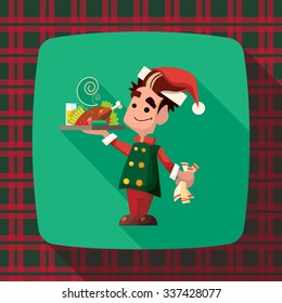 Flat vector card with cartoon Elf and kitchenware for menu in a restaurant or an invitation to Christmas and New Year party