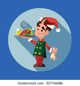 Flat vector card with cartoon Elf for menu in a restaurant or an invitation to Christmas and New Year party