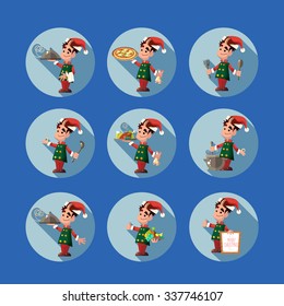Flat vector card with cartoon Elf and kitchenware for menu in a restaurant or an invitation to Christmas and New Year party