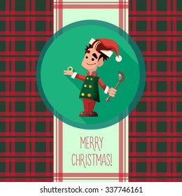 Flat vector card with cartoon Elf and kitchenware for menu in a restaurant or an invitation to Christmas and New Year party
