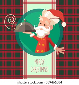 Flat vector card with cartoon Elf and kitchenware for menu in a restaurant or an invitation to Christmas and New Year party