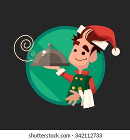 Flat vector card with cartoon Elf and kitchenware for menu in a restaurant or an invitation to Christmas and New Year party