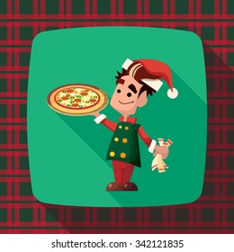 Flat vector card with cartoon Elf and kitchenware for menu in a restaurant or an invitation to Christmas and New Year party