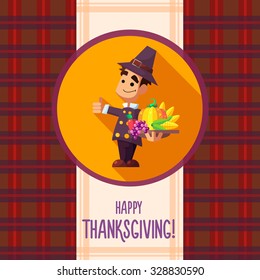Flat vector card with cartoon pilgrim and kitchenware for menu in a restaurant or an invitation to Thanksgiving Day