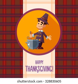 Flat vector card with cartoon pilgrim and kitchenware for menu in a restaurant or an invitation to Thanksgiving Day