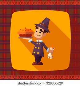 Flat vector card with cartoon pilgrim and kitchenware for menu in a restaurant or an invitation to Thanksgiving Day