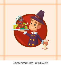 Flat vector card with cartoon pilgrim and kitchenware for menu in a restaurant or an invitation to Thanksgiving Day