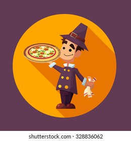 Flat vector card with cartoon pilgrim and kitchenware for menu in a restaurant or an invitation to Thanksgiving Day