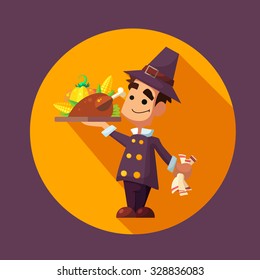 Flat vector card with cartoon pilgrim and kitchenware for menu in a restaurant or an invitation to Thanksgiving Day
