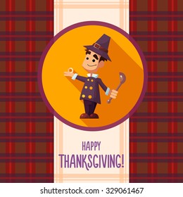 Flat vector card with cartoon pilgrim and kitchenware for menu in a restaurant or an invitation to Thanksgiving Day
