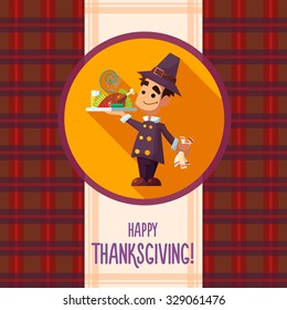 Flat vector card with cartoon pilgrim and kitchenware for menu in a restaurant or an invitation to Thanksgiving Day