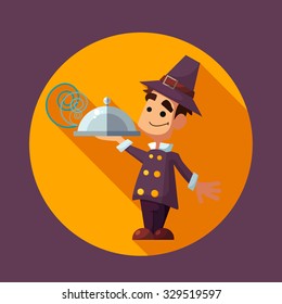 Flat vector card with cartoon pilgrim and kitchenware for menu in a restaurant or an invitation to Thanksgiving Day