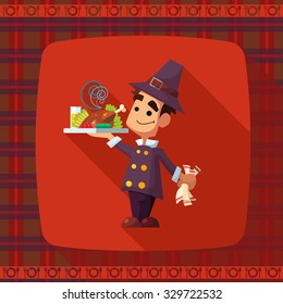 Flat vector card with cartoon pilgrim and kitchenware for menu in a restaurant or an invitation to Thanksgiving Day