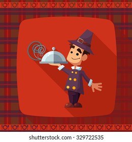 Flat vector card with cartoon pilgrim and kitchenware for menu in a restaurant or an invitation to Thanksgiving Day