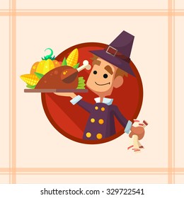 Flat vector card with cartoon pilgrim and kitchenware for menu in a restaurant or an invitation to Thanksgiving Day