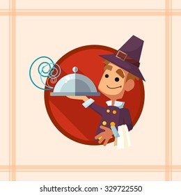Flat vector card with cartoon pilgrim and kitchenware for menu in a restaurant or an invitation to Thanksgiving Day