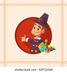 Flat vector card with cartoon pilgrim and kitchenware for menu in a restaurant or an invitation to Thanksgiving Day