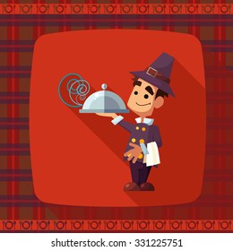 Flat vector card with cartoon pilgrim and kitchenware for menu in a restaurant or an invitation to Thanksgiving Day