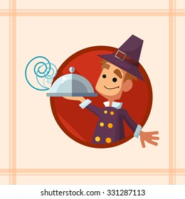 Flat vector card with cartoon pilgrim and kitchenware for menu in a restaurant or an invitation to Thanksgiving Day