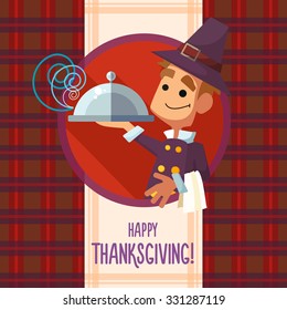 Flat vector card with cartoon pilgrim and kitchenware for menu in a restaurant or an invitation to Thanksgiving Day