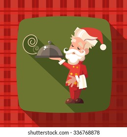 Flat vector card with cartoon Santa Claus and kitchenware for menu in a restaurant or an invitation to Christmas and New Year party