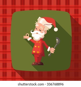 Flat vector card with cartoon Santa Claus and kitchenware for menu in a restaurant or an invitation to Christmas and New Year party