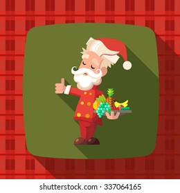 Flat vector card with cartoon Santa Claus and kitchenware for menu in a restaurant or an invitation to Christmas and New Year party