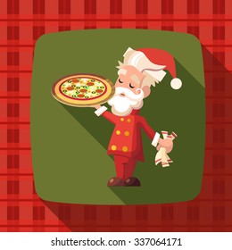 Flat vector card with cartoon Santa Claus and kitchenware for menu in a restaurant or an invitation to Christmas and New Year party