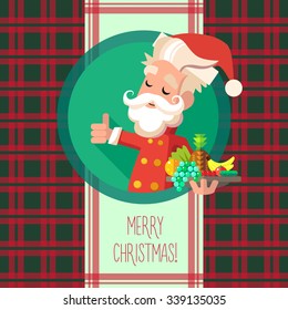 Flat vector card with cartoon Santa for menu in a restaurant or an invitation to Christmas and New Year party