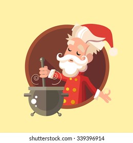 Flat vector card with cartoon Santa and kitchenware for menu in a restaurant or an invitation to Christmas and New Year party