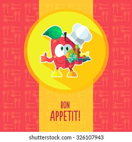 Flat vector card with chef cartoon apple and kitchenware