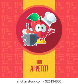 Flat vector card with chef cartoon apple and kitchenware