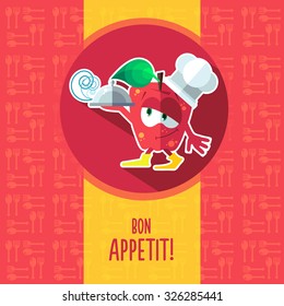 Flat vector card with chef cartoon apple and kitchenware