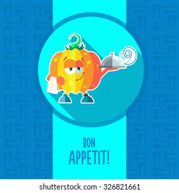 Flat vector card with chef cartoon pumpkin and kitchenware for menu in a restaurant or an invitation to Thanksgiving Day