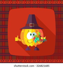 Flat vector card with chef cartoon pumpkin and kitchenware for menu in a restaurant or an invitation to Thanksgiving Day