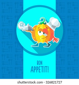 Flat vector card with chef cartoon pumpkin and kitchenware for menu in a restaurant or an invitation to Thanksgiving Day