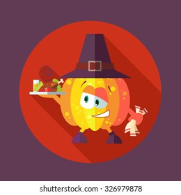 Flat vector card with chef cartoon pumpkin and kitchenware for menu in a restaurant or an invitation to Thanksgiving Day